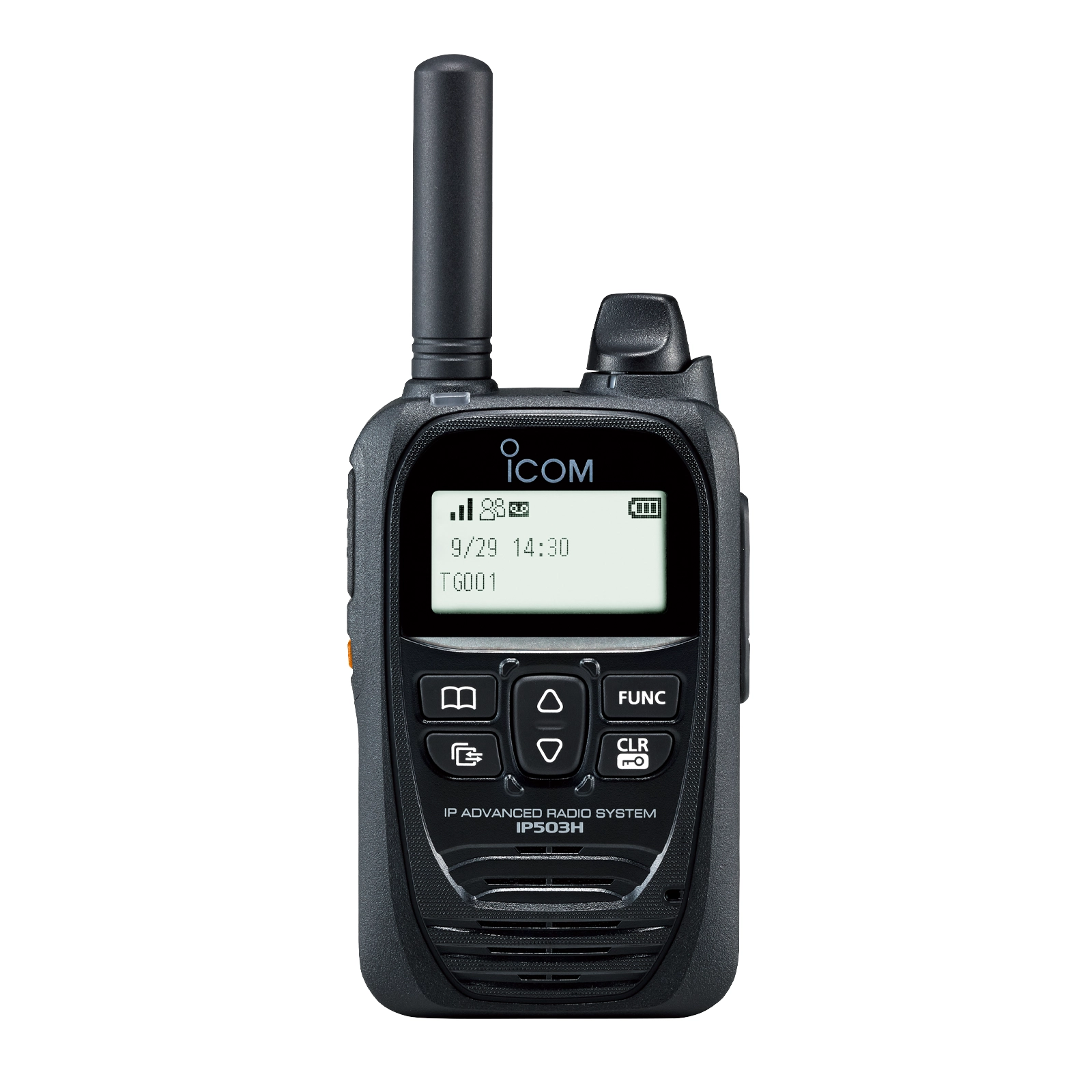 Front view of Icom IP503H Telstra Network LTE Two-Way Radio showing LCD display and keypad