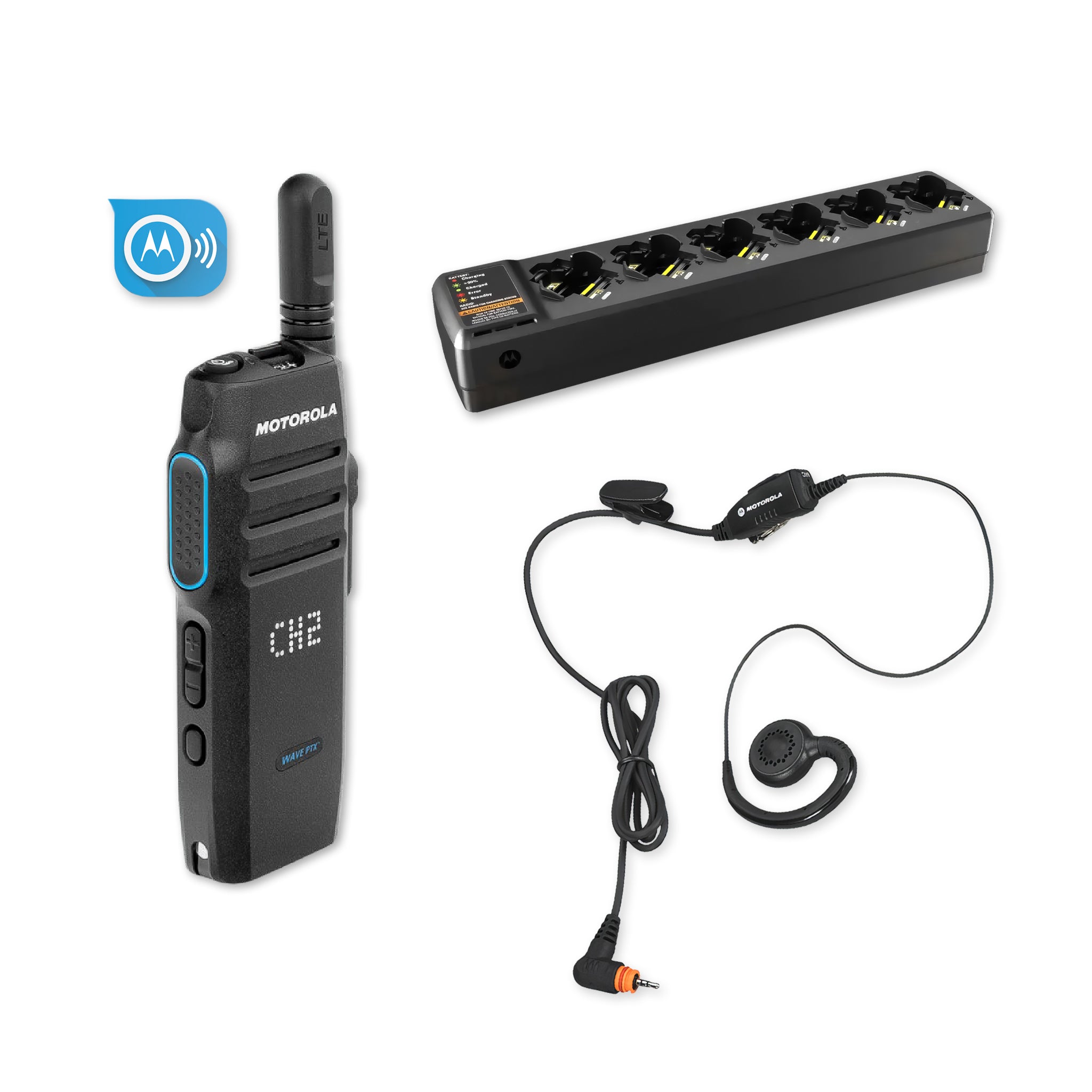 Motorola TLK 100 PMLN7189A earpiece with multi-unit charger and subscription.