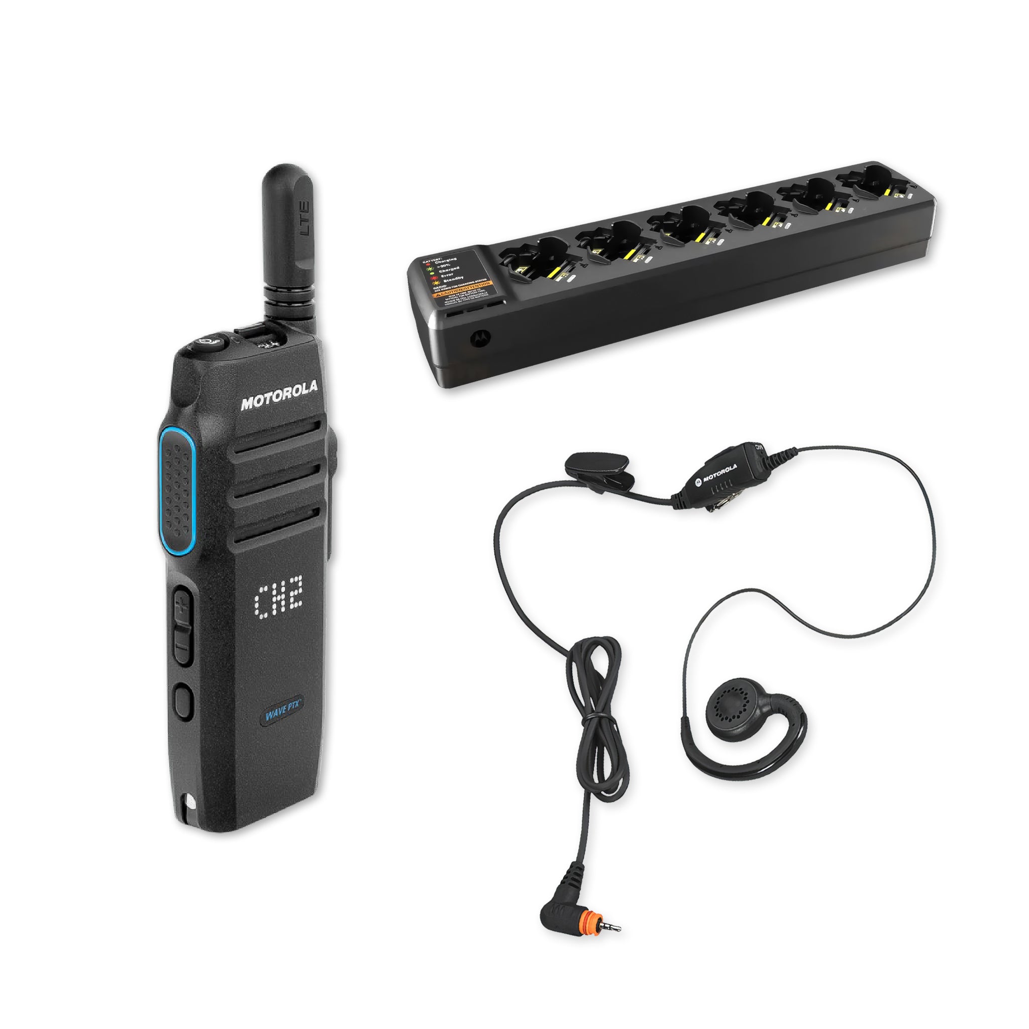 Motorola TLK 100 PMLN7189A earpiece with multi-unit charger.