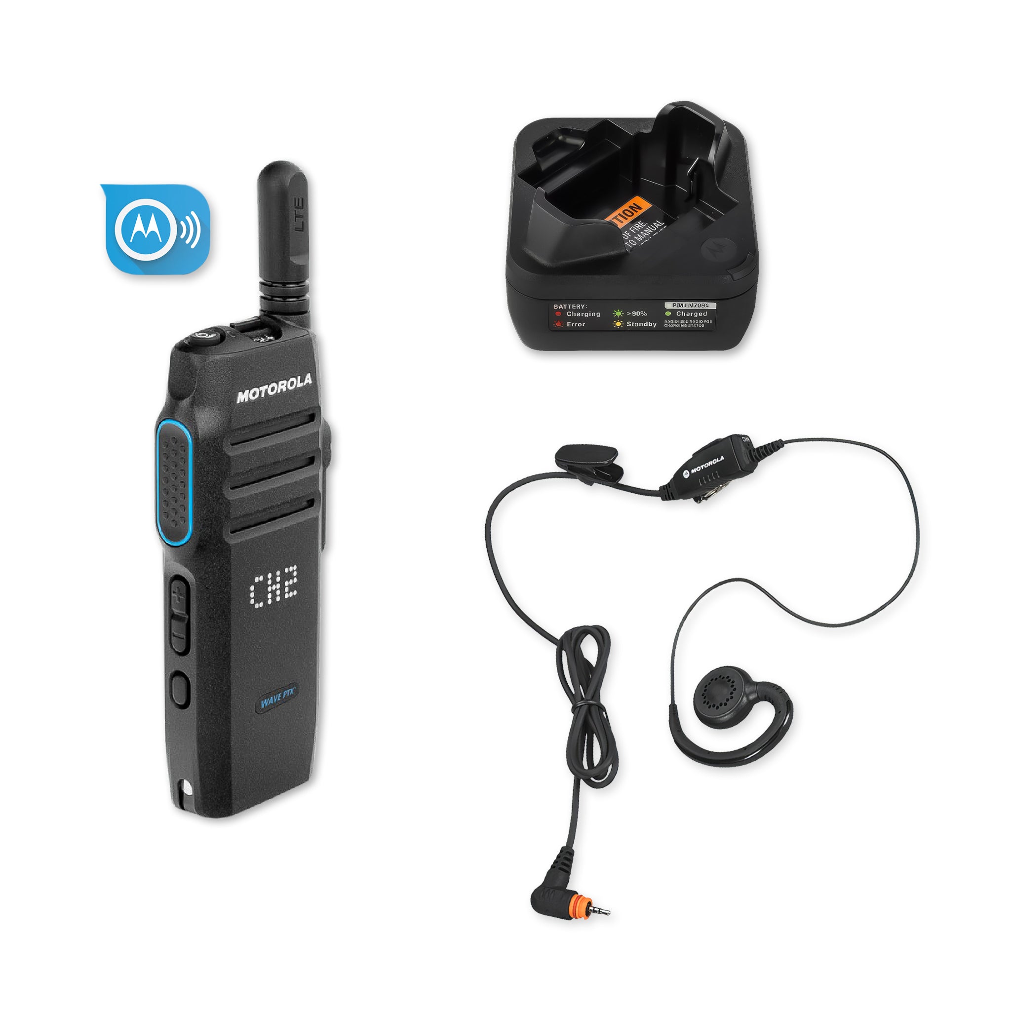 Motorola TLK 100 PMLN7189A earpiece with single-unit charger and subscription.