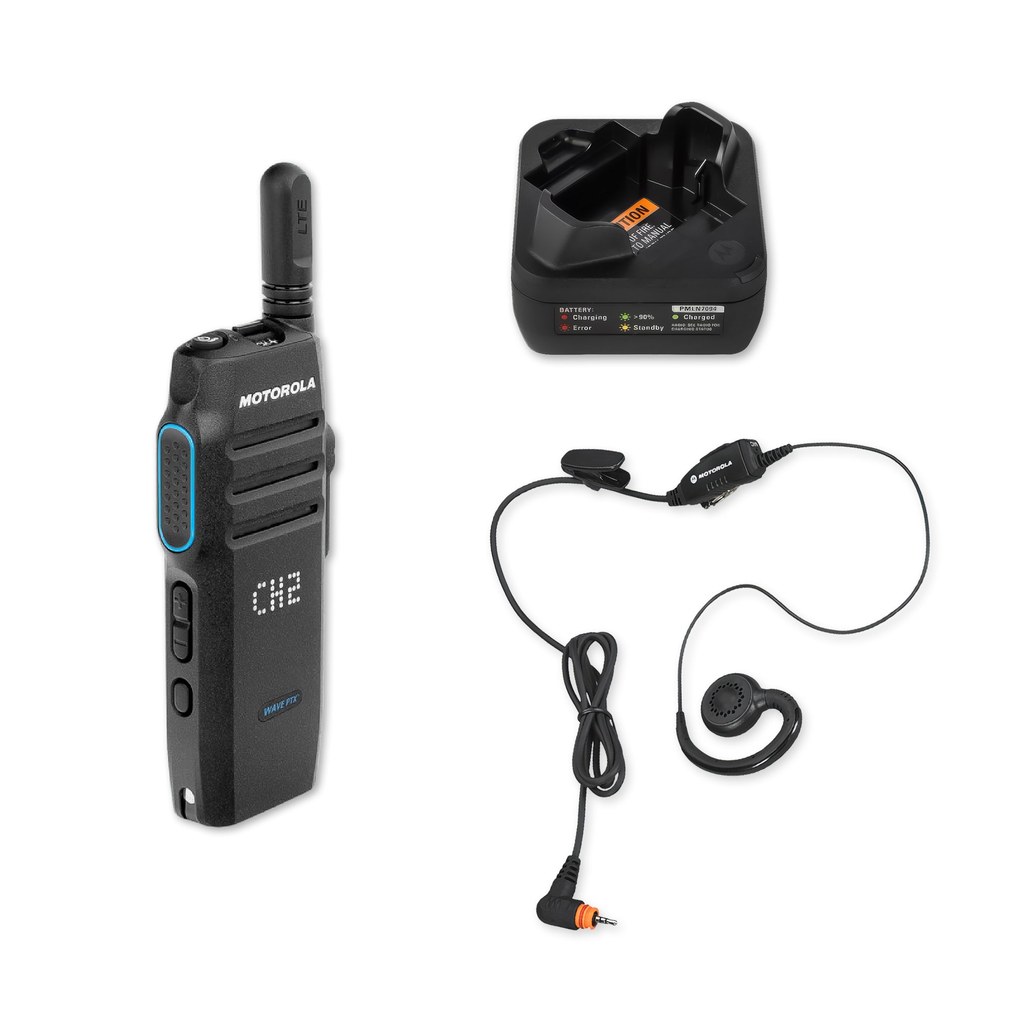 Motorola TLK 100 PMLN7189A earpiece with single-unit charger.