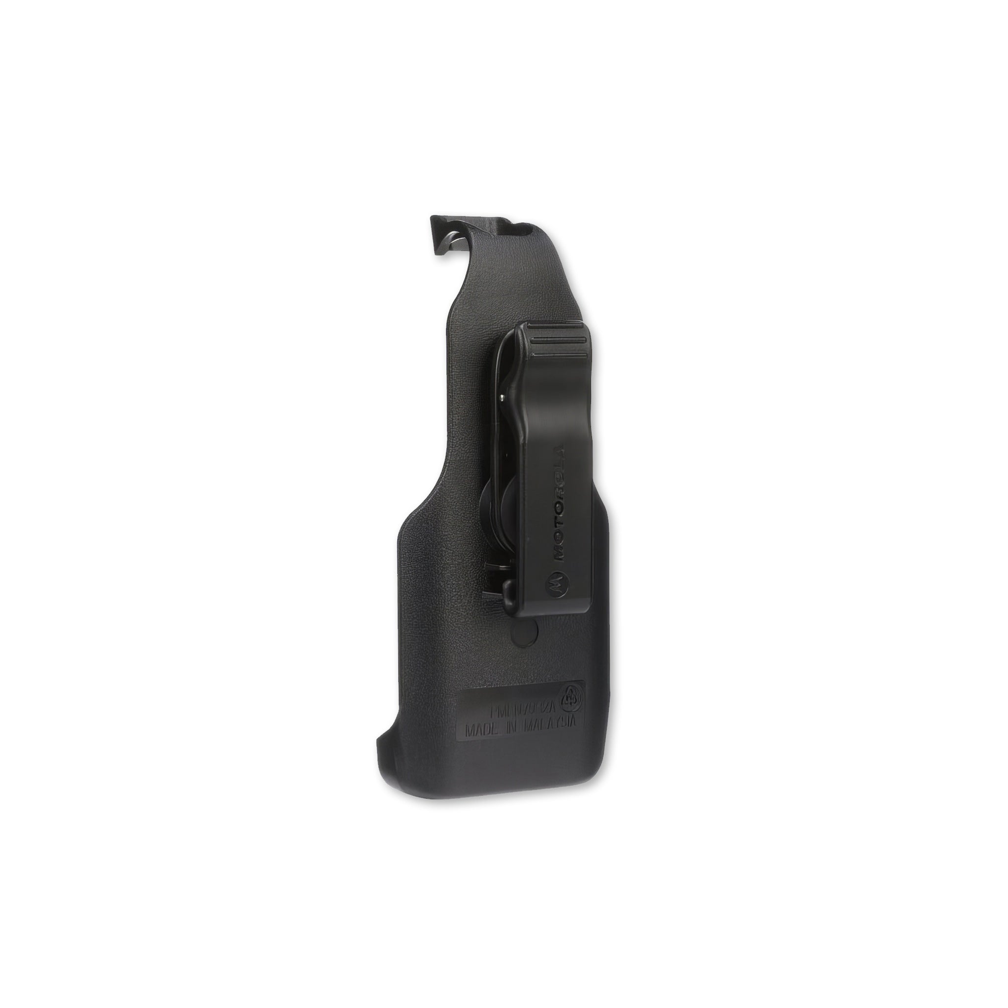 Back view of Motorola TLK 100 with PMLN7932A holster, showcasing durable and ergonomic design.