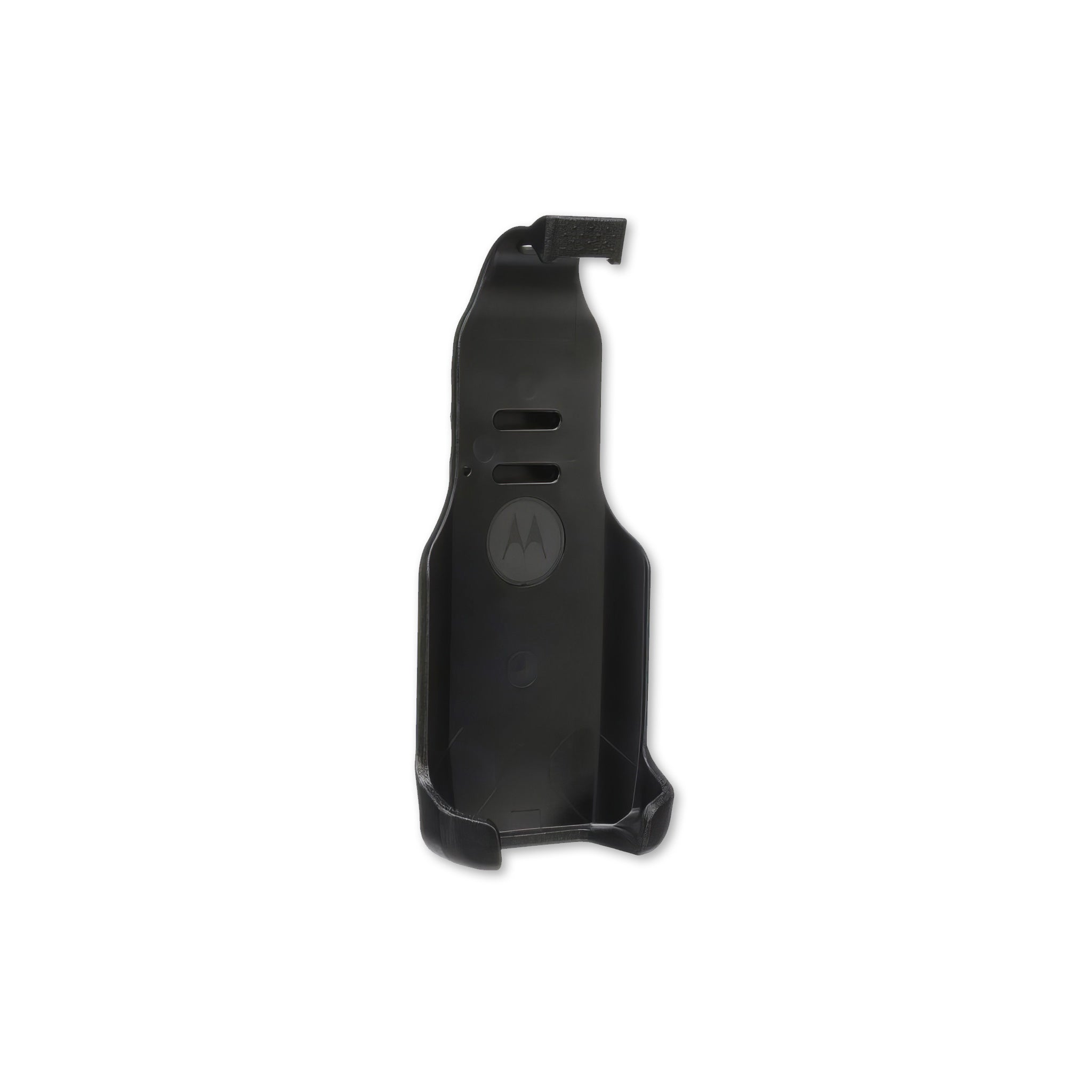 Front view of Motorola TLK 100 with PMLN7932A holster, highlighting secure fit and easy access.