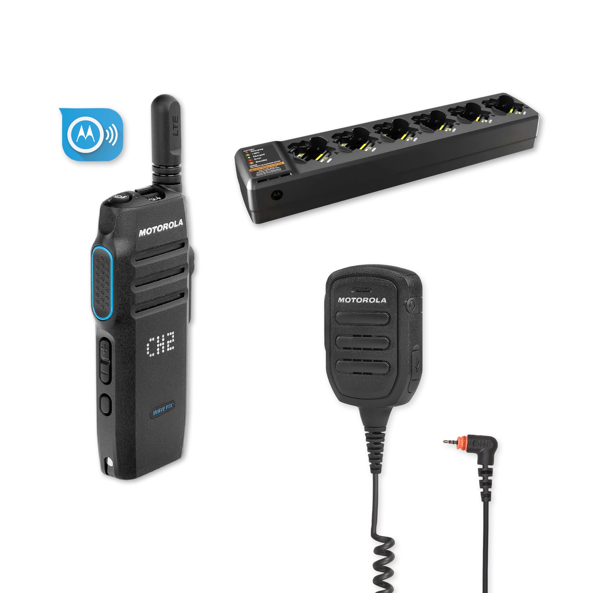 Motorola TLK 100 PMMN4125 mic with multi-unit charger and subscription.