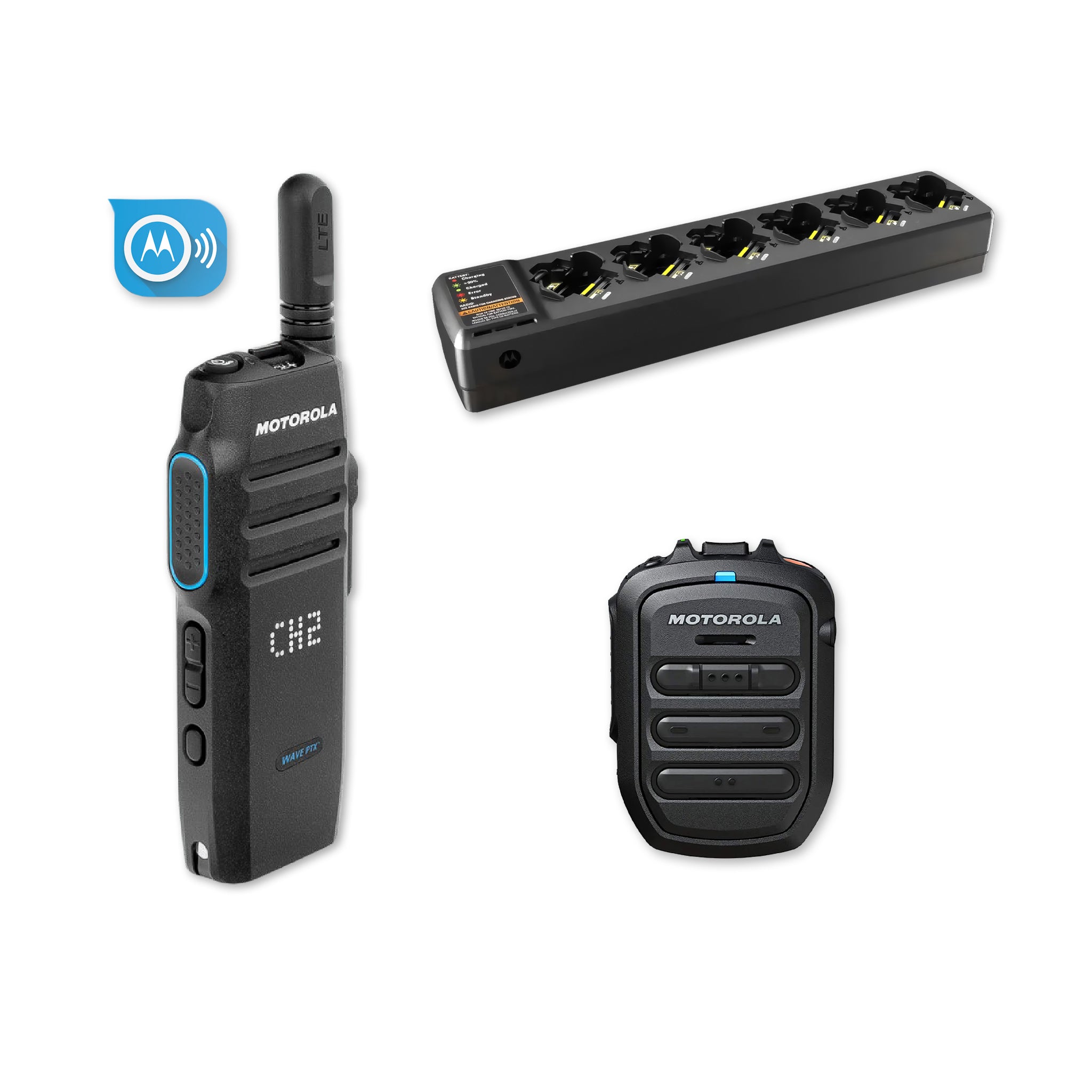 Motorola TLK 100 PMMN4127 remote mic with multi-unit charger and subscription.