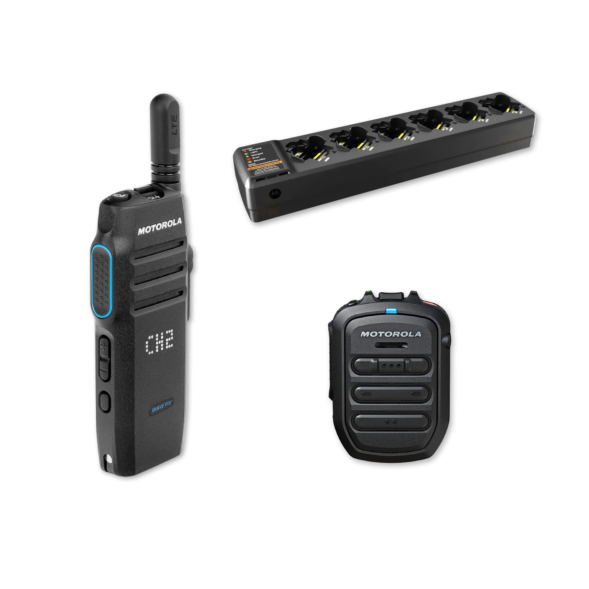 Motorola TLK 100 PMMN4127 remote mic with multi-unit charger.