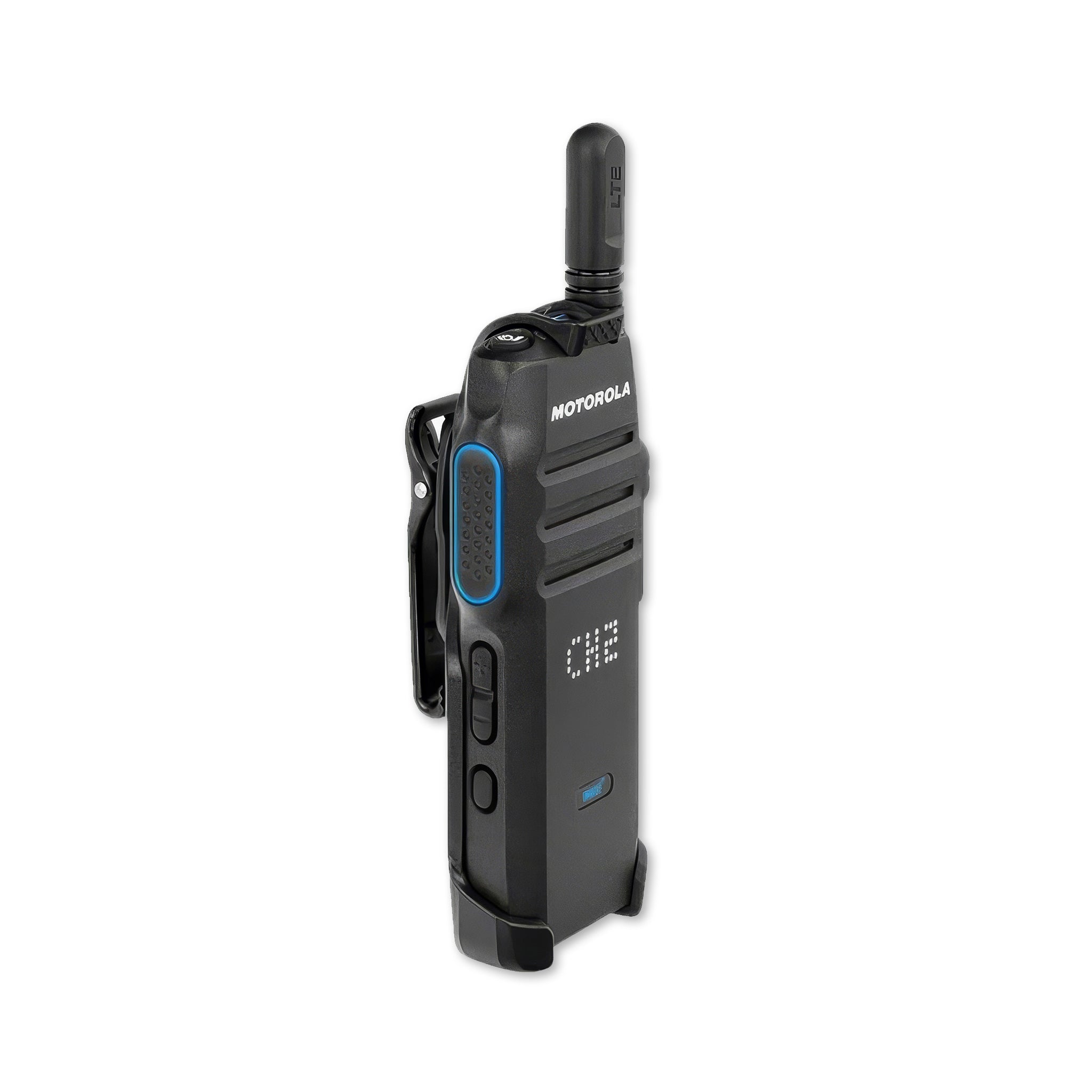 Motorola TLK 100 Wave PTX front and side view with holster, featuring push-to-talk functionality.