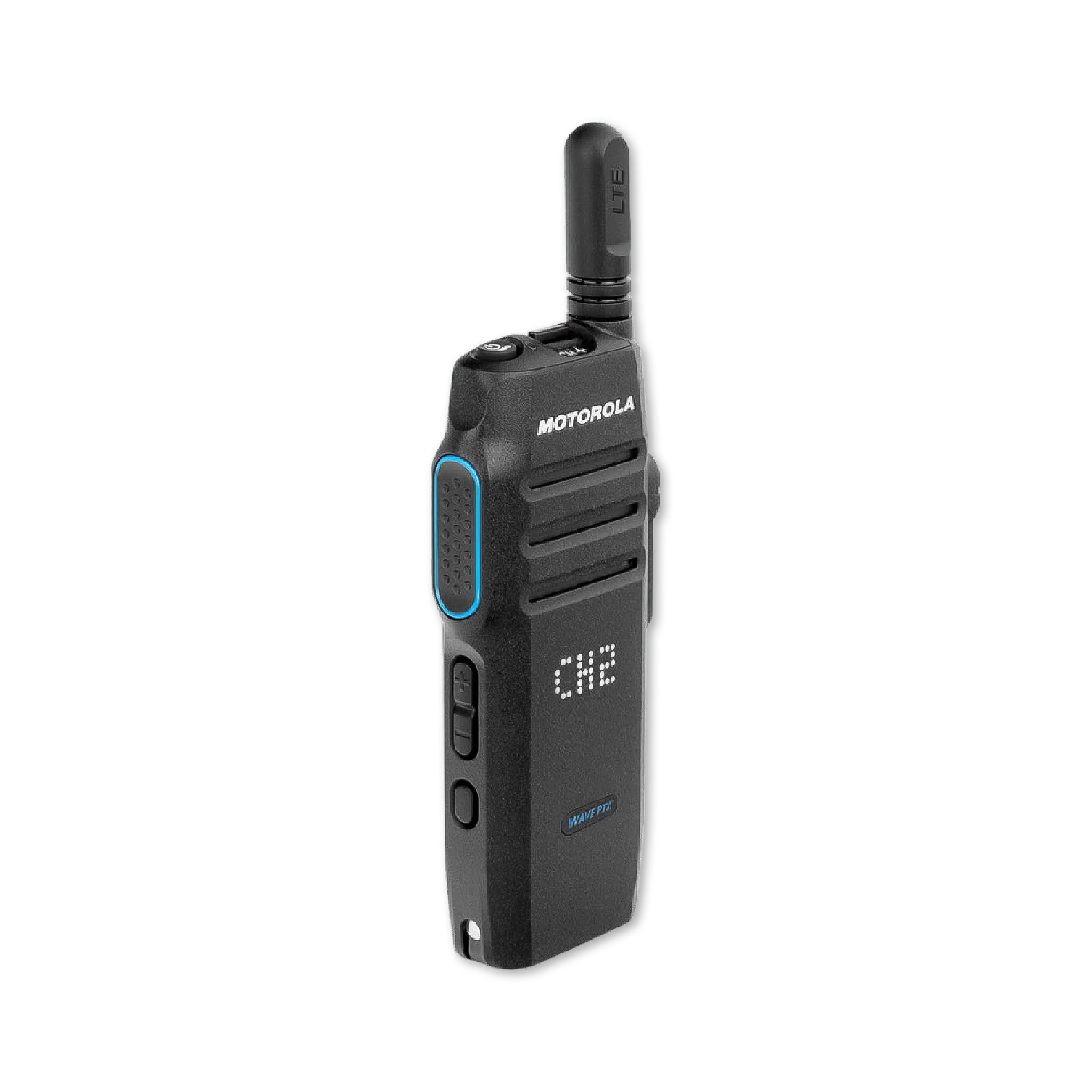 Motorola TLK 100 Wave PTX front side view, showing sleek, rugged design for reliable communication.